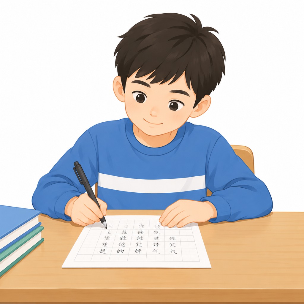 一个孩子坐在桌子前写字。